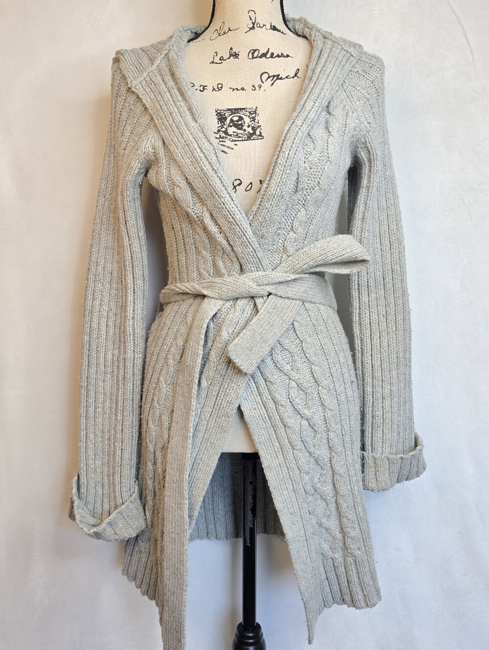 Hollister Co. Wool Blend Chunky Cable Knit Hooded Belted Long Cardigan Sweater